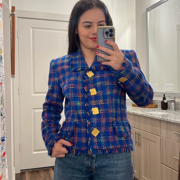 Vintage Maggy London Blue Plaid Tweed Blazer Jacket - Picture 3 of 11
